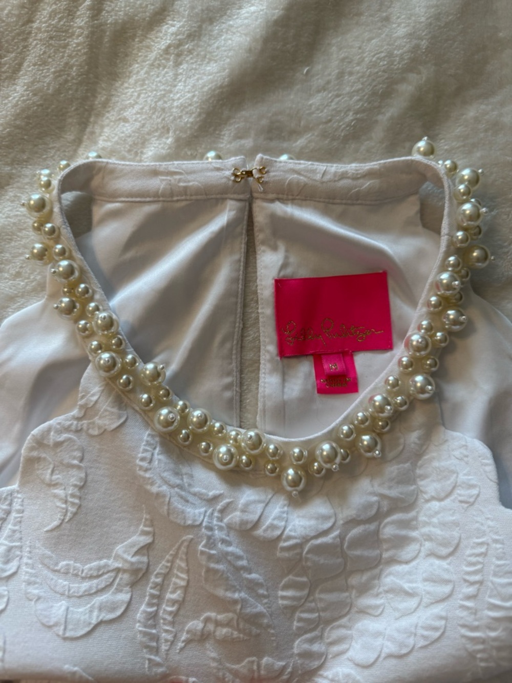 Lilly Pulitzer Halter Dress with Pearls | Size Medium | White embossed - Picture 4 of 7